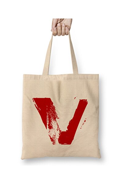 Toyaso Letter V White Cloth Bag Long Handle Shopping Bag Beach Bag