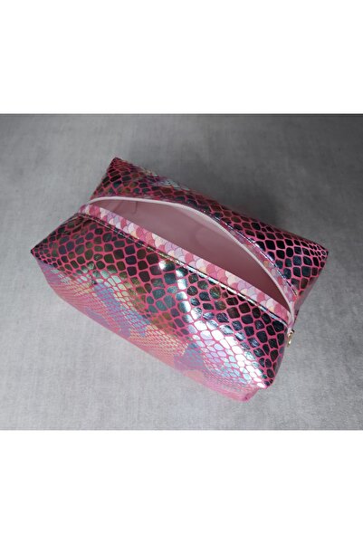 SevAte Handmade Fuşya Renk Premium Parlak Yılan Desenli Büyük Boy Makyaj Çant...