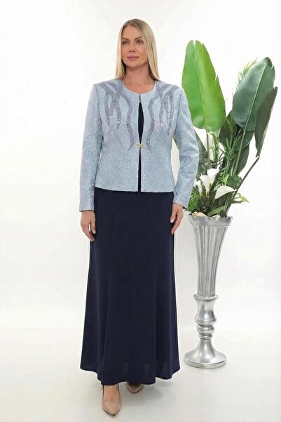 MİSS DİAMOND Stone Embroidered Jacquard Woven Navy Blue Long Skirt Three-Piec...