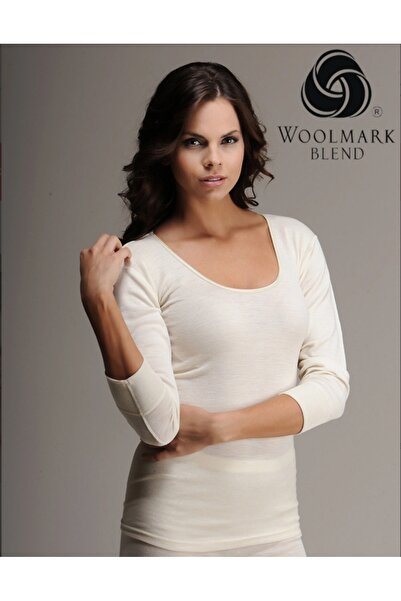 Hasyün قميص داخلي نسائي، كريمي، 75% صوف ميرينو، ريبانا، حواف أسطوانية، بأكمام...