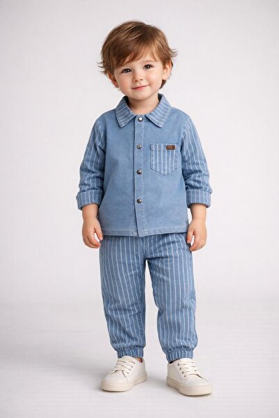 dinamik çocuk Erkek Bebek Çizgili Esnek Kot Likralı Gömlek Takımı – Bayramlık...
