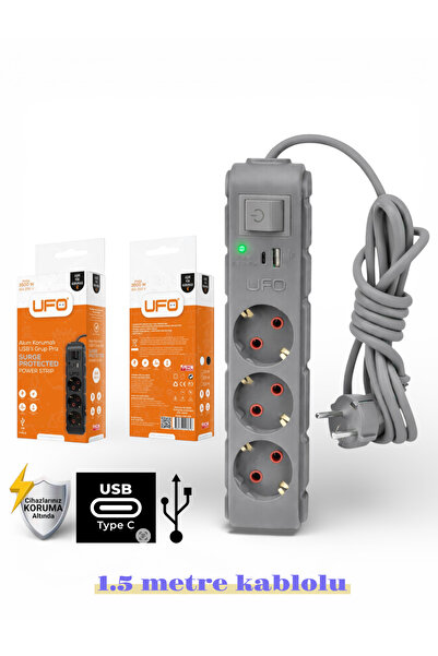 UFO Akım korumalı grup priz 1.5 mt kablolu anahtarlı Gri 3 lü ve USB+type-c ş...