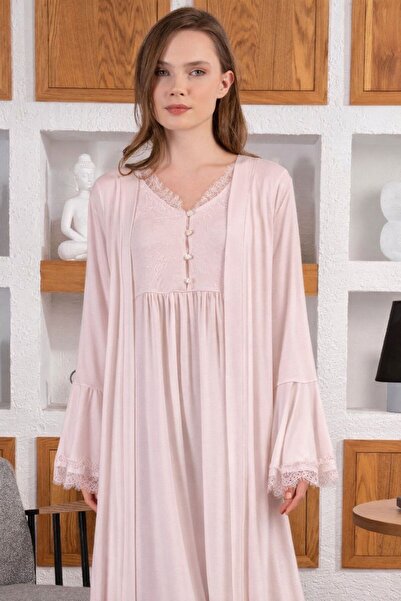 Tuba Dantelli Volan Kol Tesettüre Uygun Sabahlıklı 2 li Lohusa Gecelik Takımı