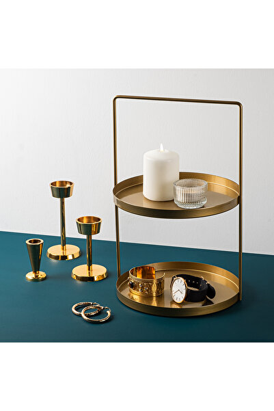 MOİRA Altın Gold Dekoratif Metal 2 Katlı Kulplu Sunum Tepsisi Mutfak Banyo Dü...