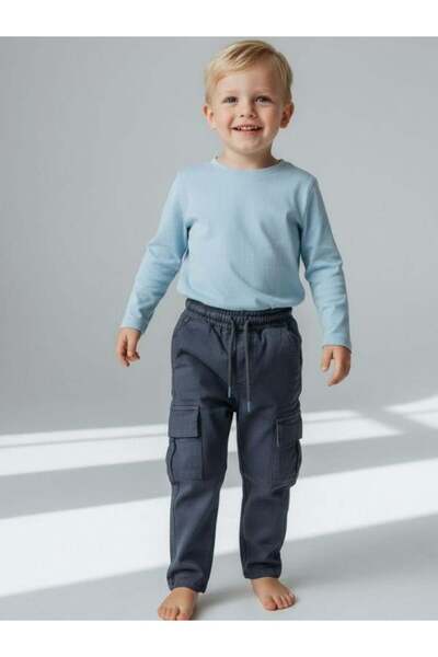 Zekids Boys' Cotton Elastic Waist Cargo Pocket Pack Soft Textured Trousers