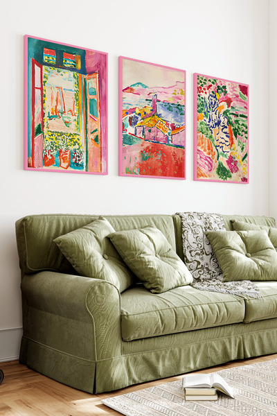 kutuTR Pembe Renkli Ahşap Çerçeveli 2DUV Baskı 3’lü MDF Tablo–Manzara Soyut F...