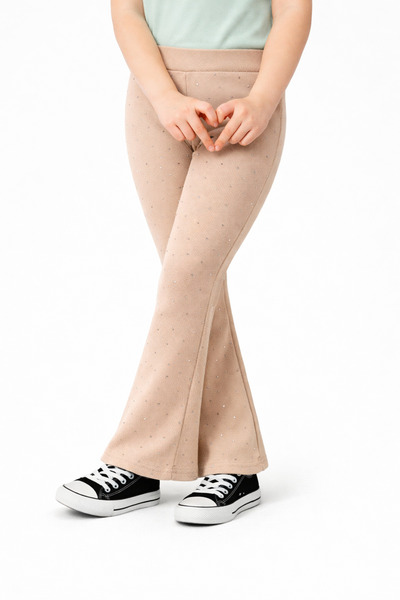 mini kanka Rib Knit Fabric Flared Stone Motif Girls' Tights 4-12 Years