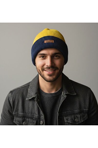 Çimen Butikk Hand Knitted Yellow Navy Blue Unisex Beanie