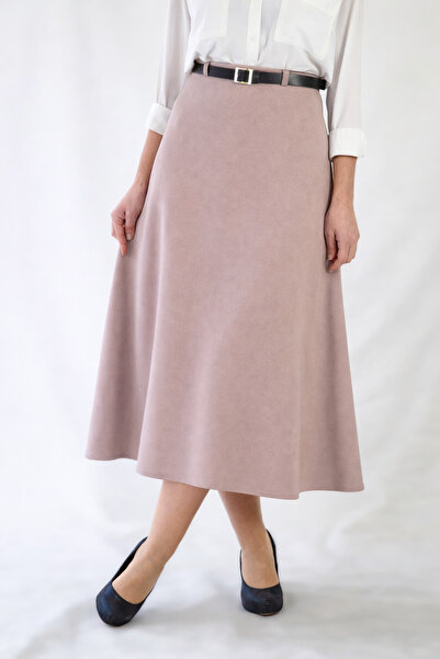 YAXİ Belt-Detail Midi-Length Loose Dried Rose Woven Skirt
