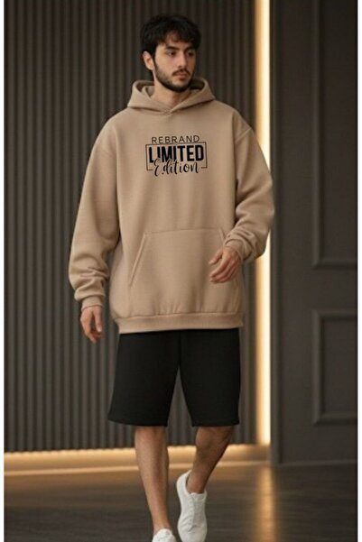 REBRAND Fleece-Lined Sweatpants Shorts Set Printed Oversized Hooded Sweatshir...