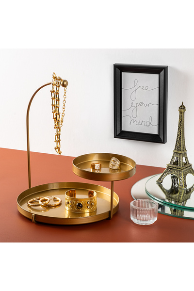 MOİRA Altın Dekoratif Metal 2 Katlı Sunum Tepsisi Takı Standı Çok Amaçlı Düze...