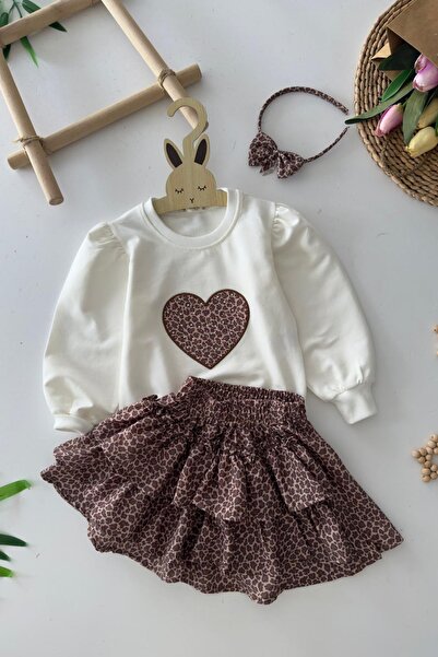Minigimin Cicileri My Little One's Heart Patterned Girl's Set with Leopard Sk...