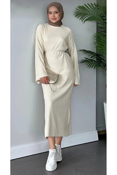 DAMGA Collection Women's Long Length Pearl Detailed Knitwear Dress