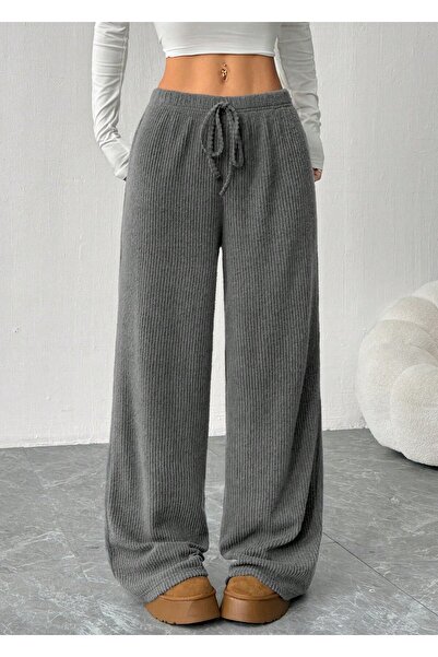 Hera Moda Women's Solid Color Waist Tie Wide Leg New Rib Knit Pants