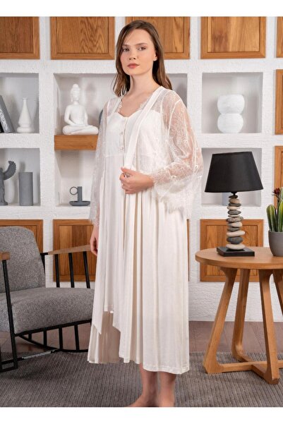 Tuba Göğüs Ve Kolları Dantel Detaylı Sabahlıklı 2 li Lohusa Gecelik Takımı