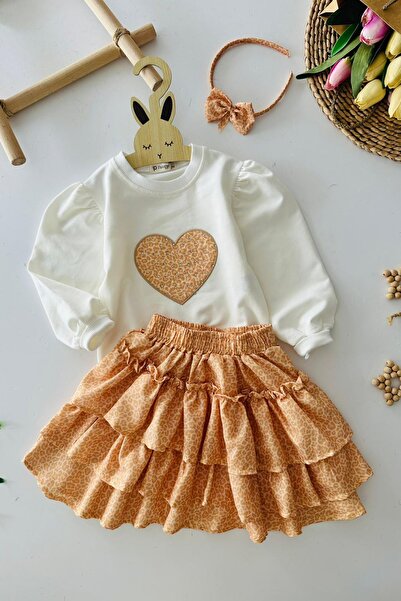 Minigimin Cicileri My Little One's Heart Patterned Girl's Set with Leopard Sk...