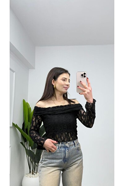 TUNAM BUTİK 3281 Madonna Collar Lace Blouse Black
