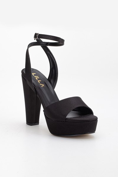 LİLLA Women's High Platform Open Back Heeled Black Satin Evening Dress Shoes