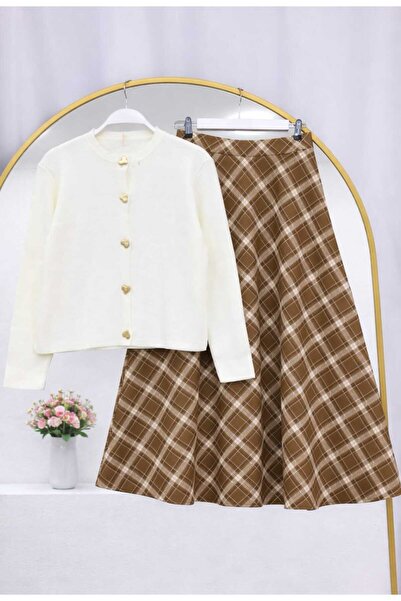 MODA VEDAT Women's Heart Button Knit Cardigan - Plaid Patterned Scuba Skirt Set