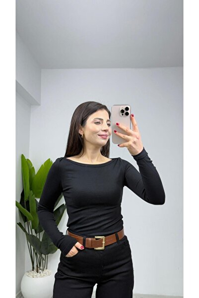 TUNAM BUTİK 2701 Boat Neck Strawberry Badi Black