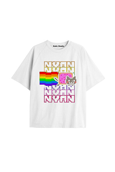 Kalic Studio Nyan Nyan cat supradimensionat unisex tricou alb