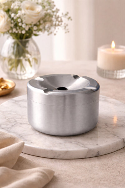 Emal Home Gümüş Metal Kapaklı Lüks Küllük | Kokusuz, Modern ve Şık Tasarım