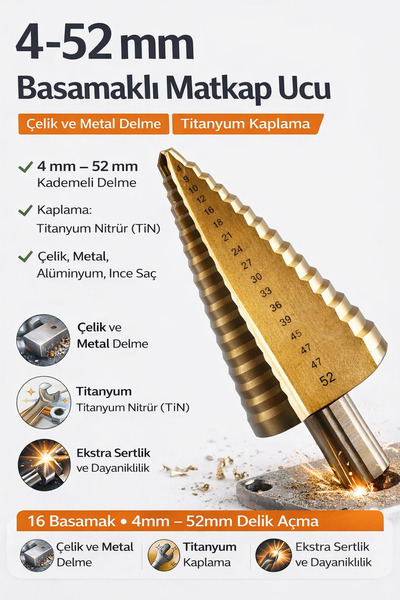 SENBANG 4–52 mm Basamaklı Matkap Ucu | Titanyum Kaplama | Çelik & Metal Delme...