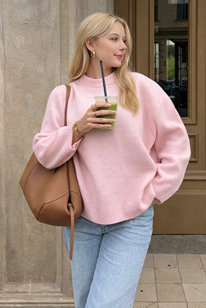 KAREL BUTİK Pembe Oversize Bisiklet Yaka Triko Kadın Kazak