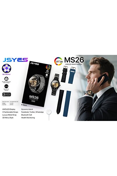 JSYES MS26 Smartwatch with AMOLED Display, 3 Pairs of Straps, Fitness Trackin...