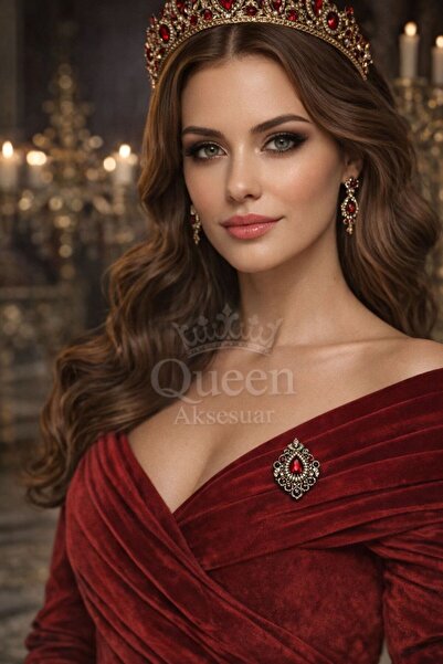 QUEEN AKSESUAR lüks osmanlı motifli otantik gümüş metal kırmızı yakut kristal...