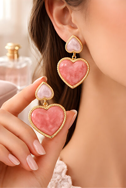 mosmoda Gold Pembe Çiftli Kalp Küpe