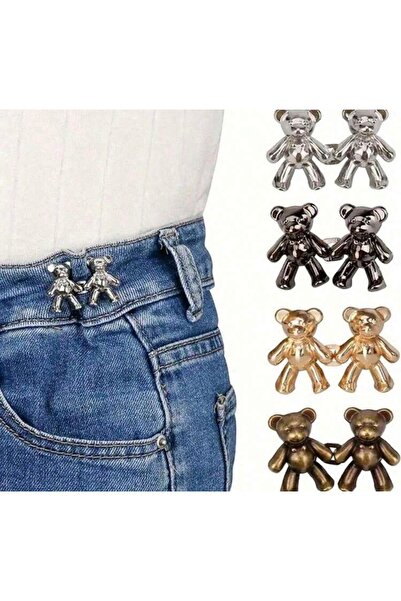 ELA Denim Trousers with Double Cute Bear Figures Waist Reduction Button - Sti...