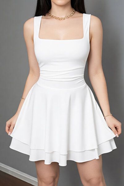 Edela Square Neck Wide Straps Flared Ecru Dress