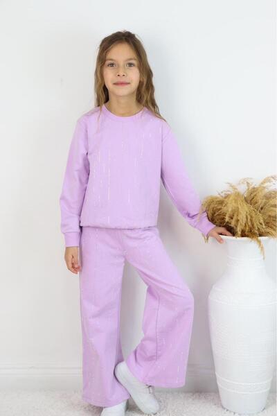 Aselin Kids Stone Detailed Girls' Black Top and Bottom Set Tracksuit Set