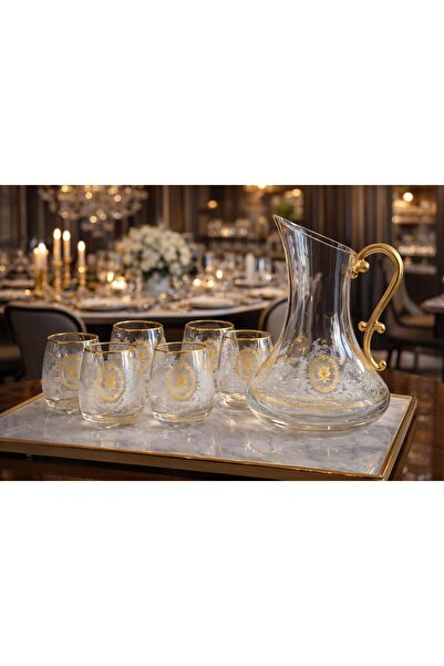 kısmet kristal 7 Piece Water Set with Gilt Detailing, 6 Glasses and Stylish J...