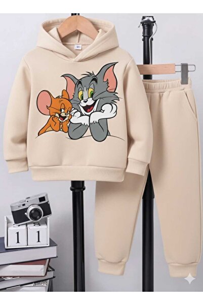 Nice Clothes طقم رياضي للأطفال بغطاء للرأس للجنسين طباعة توم وجيري جنبًا إلى جنب