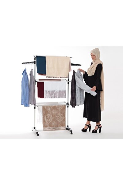 AyrStore 3 Katlı Alüminyum Çamaşır Kurutma Askısı, Tekerlekli, Katlanır Ayaklı