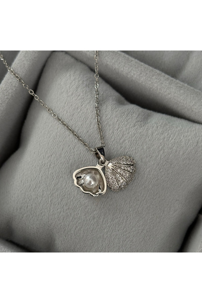 olvera shine 316L Steel Zircon Stone Oyster Necklace Silver/40+5 cm