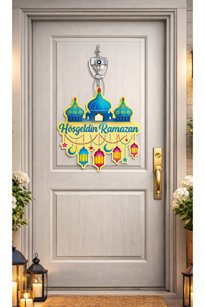 OKAVANGO 27-27 cm Hoş geldin Ramazan Dekorlu Ahşap Kapı Süsü, Ramazan Süsleri