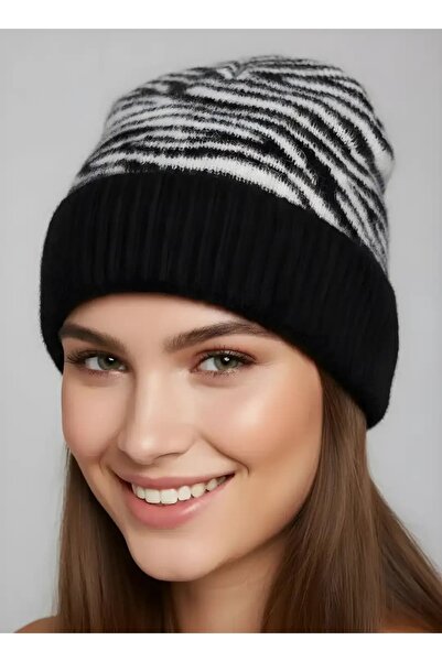 CANMODA Black Color Soft Furry Fabric Zebra Pattern Beanie- Fo2812