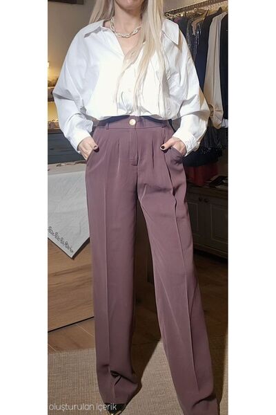 Hilals Butik Pileli Gold Düğme Detaylı Döklümlü Palazzo Pantolon