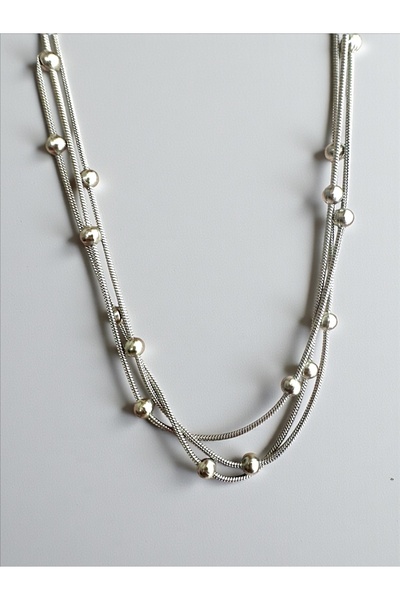 QA Quella Accessories ÇELİK ÜÇLÜ TEK SIRA GÜMÜŞ ÇOKLU KOLYE (45+5 cm)