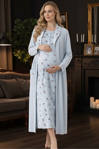 Lohussa Women's Blue Shawl Collar Floral Pattern Detailed Long Sleeve Plus Si...