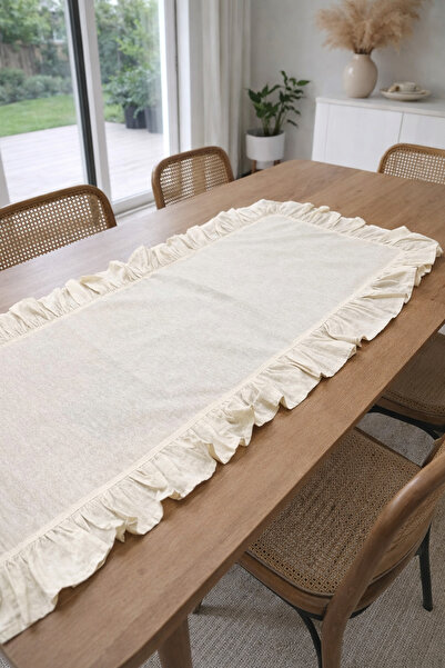 Doğa Ham Amerikan Kumaşı Fırfırlı Masa Örtüsü Runner 50x165 cm %100 Pamuk Doğ...