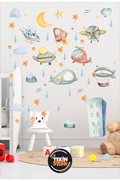 Tekin Store مجموعة ملصقات حائط لغرفة الأطفال بتصميم طائرة وطائرة هليكوبتر وصا...