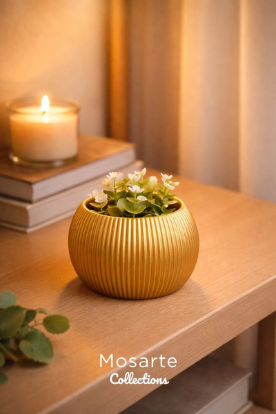 Mosart Ribbed Modern Fluted Round Design Vase / Decorative Object - Gold Color