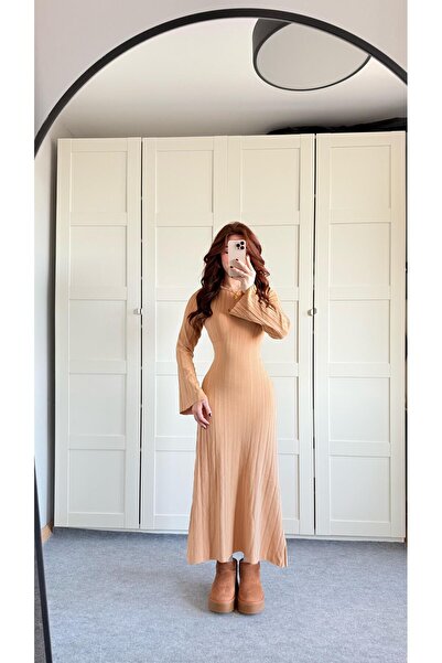 AYŞENUR DİNÇER Triko Belden Bağlamalı Elbise Sütlü Kahverengi