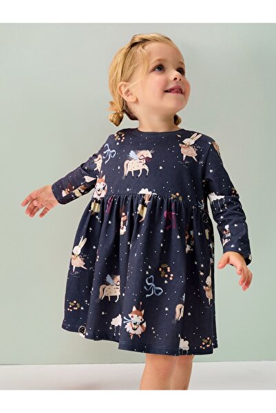 Next Baby Cotton Navy Blue Long-Sleeved Unicorn Pattern Dress