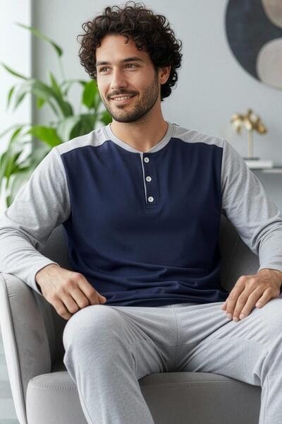 Pijamaevi Gray Navy Blue Stylish Men's Long Sleeve Pajama Set