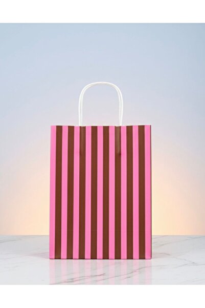e Erta Çizgili Pembe Ve Kahverengi Çizgili Kraft Çanta 25x31 Cm 5Adet Hediye Poşeti,Hediye Paketi Kraft Kağıt Çanta